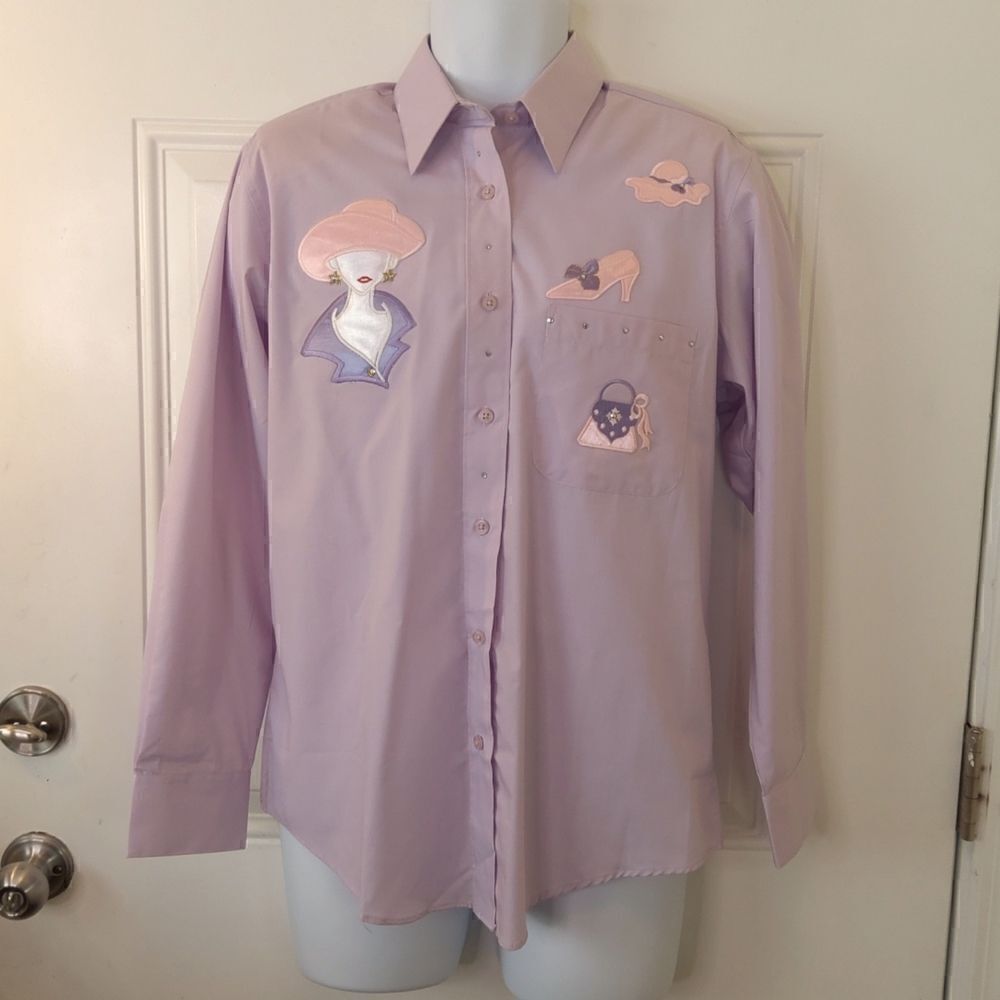 Get Lucky lilac long sleeve button front blouse with appliques and rhinestones